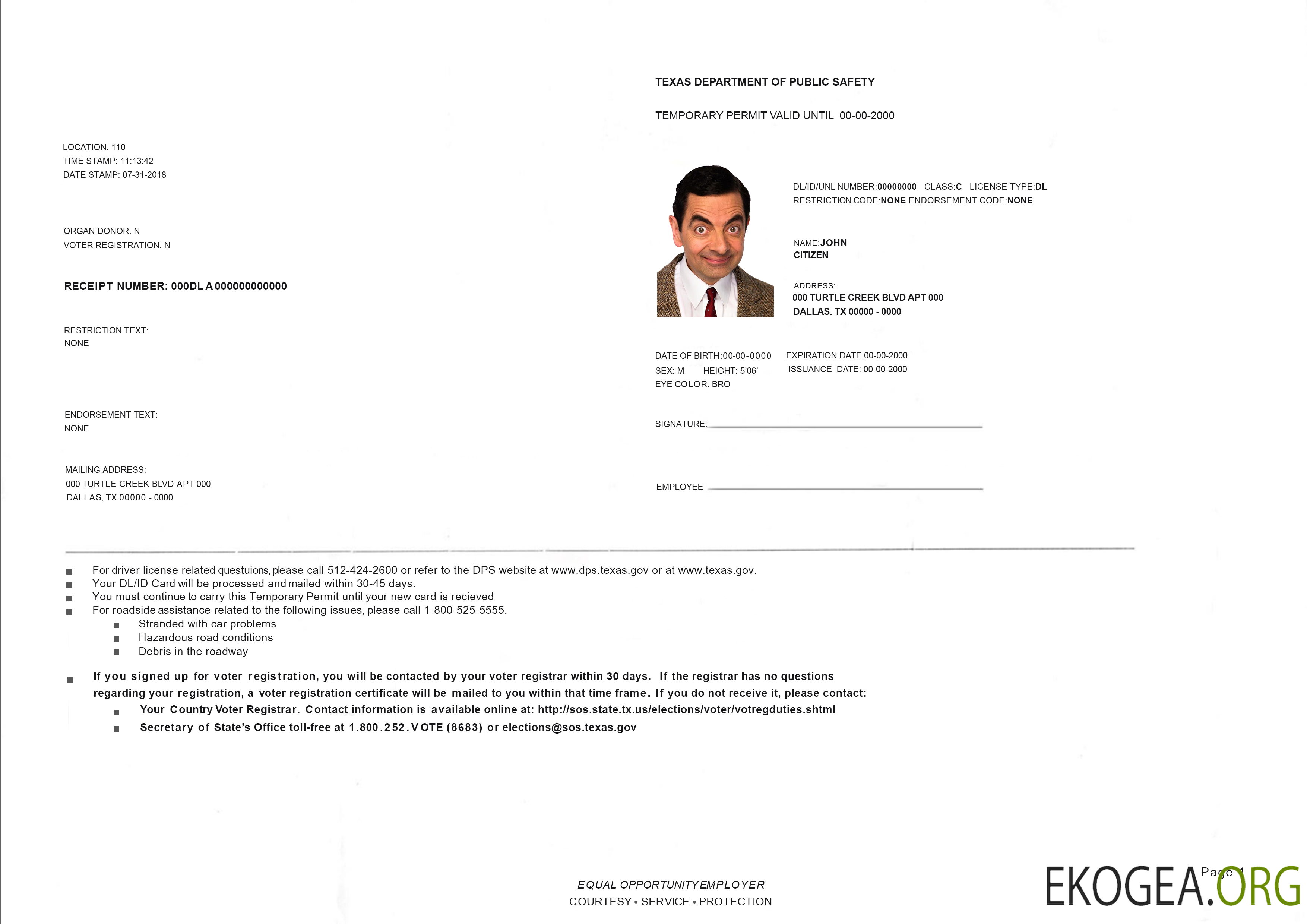 USA Texas temporary driving permit PSD editable template